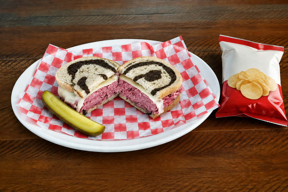 Deli sandwich with a pickle and bag of chips